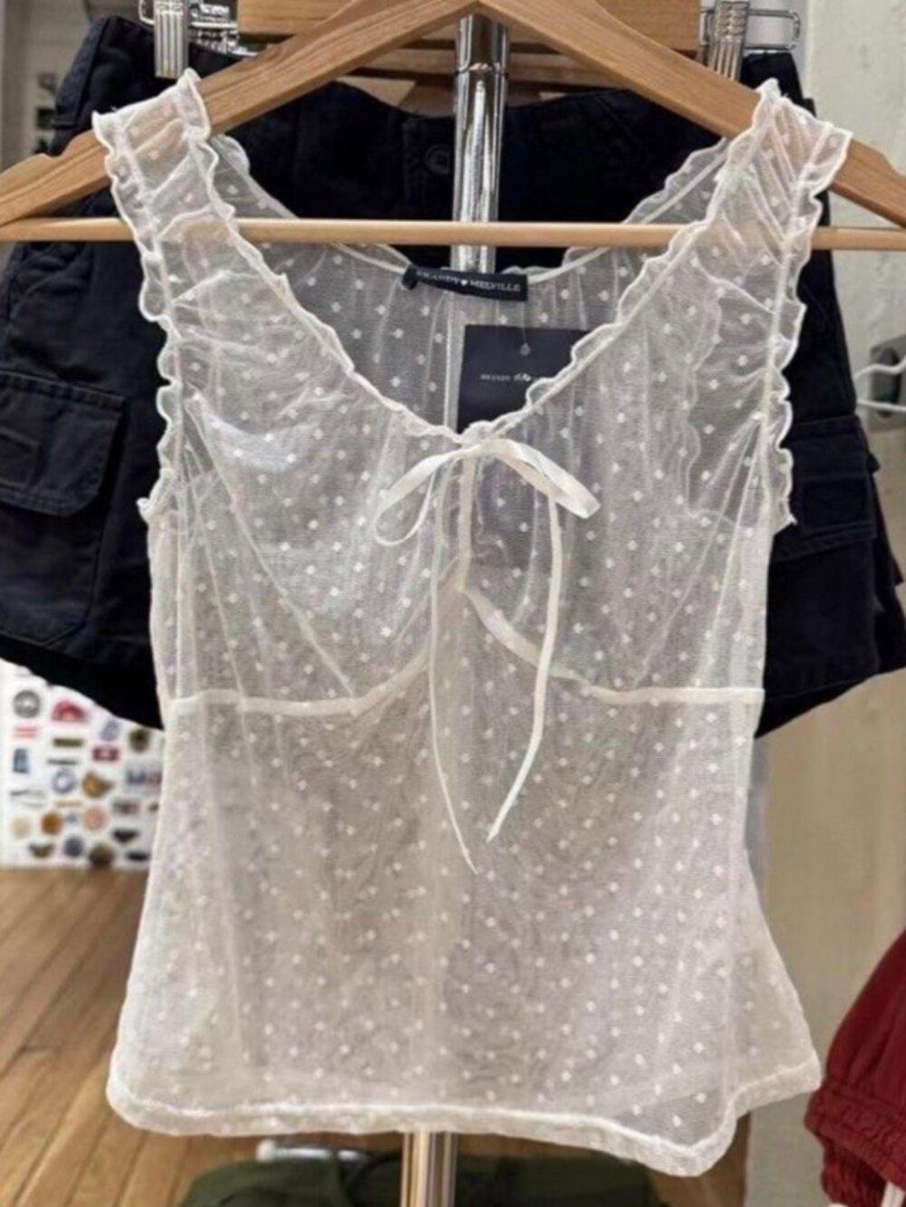 Brandy Melville White Sheer Polka-Dot Top